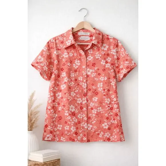 Coral Floral Summer Button Up Shirt Women’s Large Lightweight Top Feminine - Picture 1 of 6